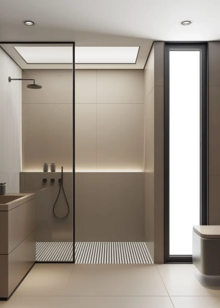 Large format bathroom tiles with walk-in shower installed by Stamford tiler covering Stamford, Oakham and Uppingham.