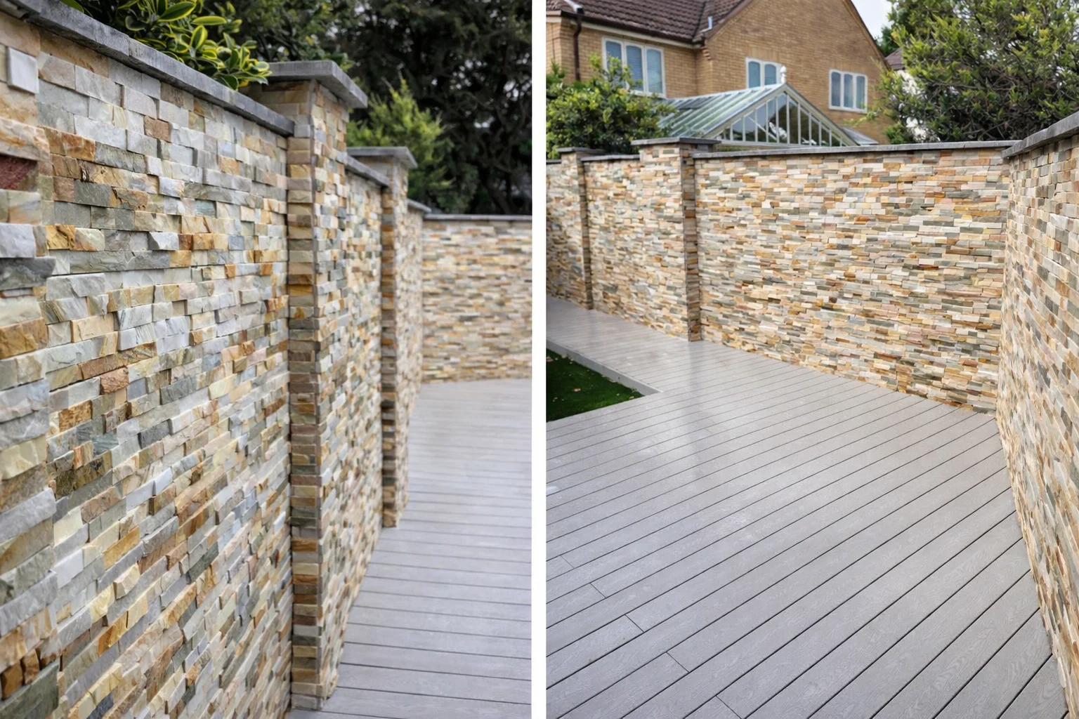 Natural stone wall cladding installed by Stamford tiler for an outdoor garden space covering Stamford, Oakham and Uppingham.