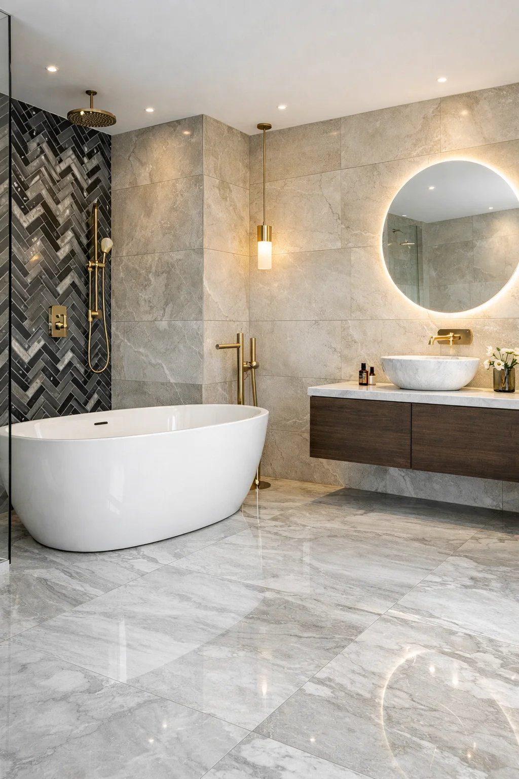 Luxury bathroom tiling with large format stone effect floor and wall tiles installed by Stamford tiler serving Stamford, Oakham and Uppingham.